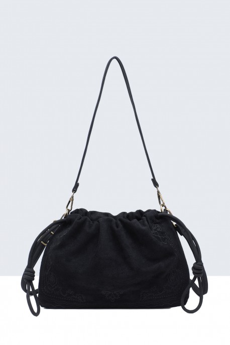 BV-29103 Sac épaule bourse effet velour nubuck motif brodé