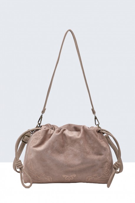 BV-29103 Nubuck velvet effect purse shoulder bag with embroidered pattern : colour:Khaki