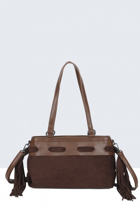 BV-B55043 Suede-effect fringed shoulder bag : colour:Coffee