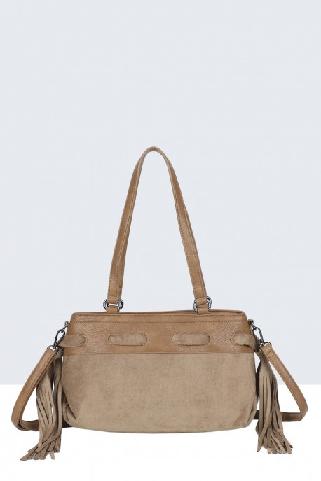 BV-B55043 Suede-effect fringed shoulder bag : colour:Khaki