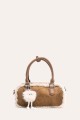 L32745 Sac à main boite polochon effet velours daim bordure mouton synthétique
