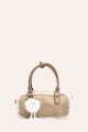 L32745 Sac à main boite polochon effet velours daim bordure mouton synthétique