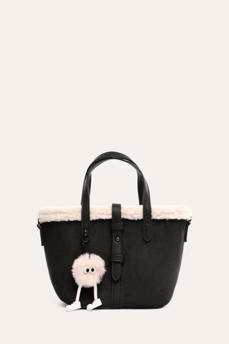 L32746 Trapeze-shaped shopping bag in synthetic nubuck suede with sheepskin trim : colour:Black