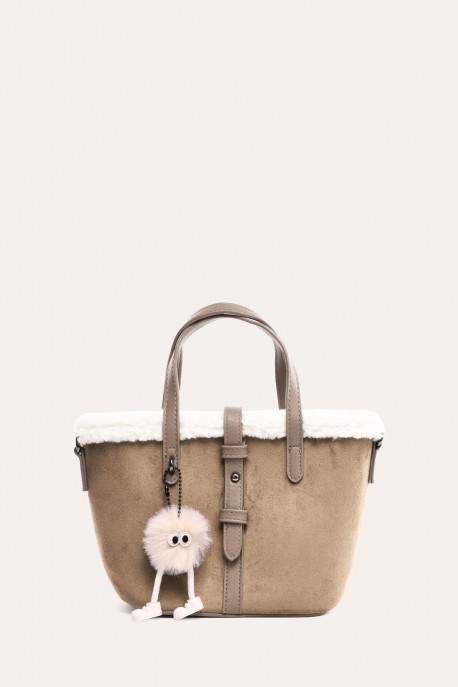 L32746 Sac shopping trapèze Velours Nubuck synthétique & bordure mouton : couleur:Kaki (Khaki)