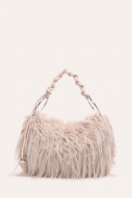 W61467 Glittery faux-fur handbag with a braided handle : colour:Abricot