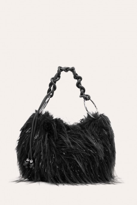 W61467 Glittery faux-fur handbag with a braided handle : colour:Black