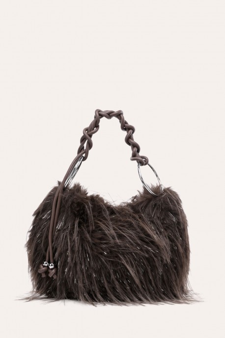 W61467 Glittery faux-fur handbag with a braided handle : colour:Coffee