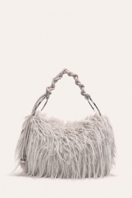 W61467 Glittery faux-fur handbag with a braided handle : colour:Grey