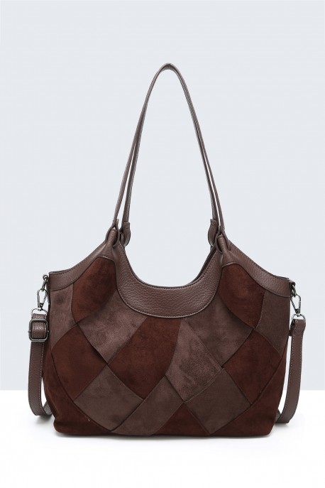 BV-29081 Sac épaule à ailettes Patchwork effet nubuck : couleur:Caf&eacute; (Coffee)