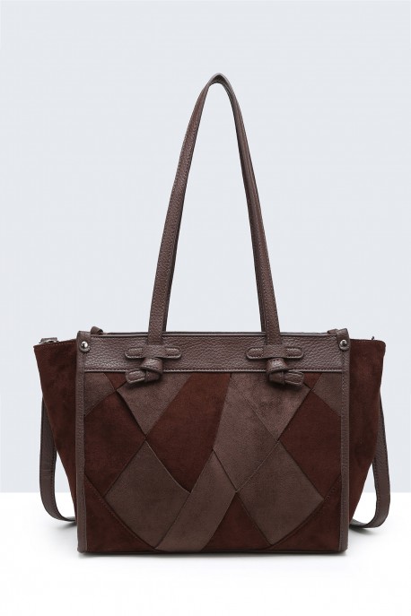 BV-29082 Sac épaule à ailettes Patchwork effet nubuck : couleur:Caf&eacute; (Coffee)