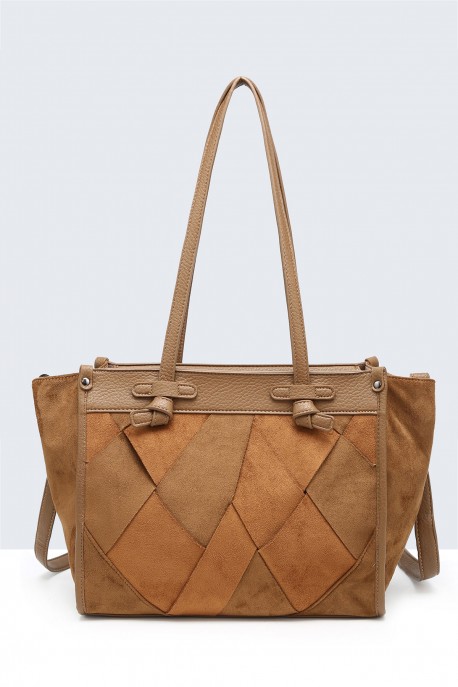 BV-29082 Sac épaule à ailettes Patchwork effet nubuck : couleur:Marron (Brown)