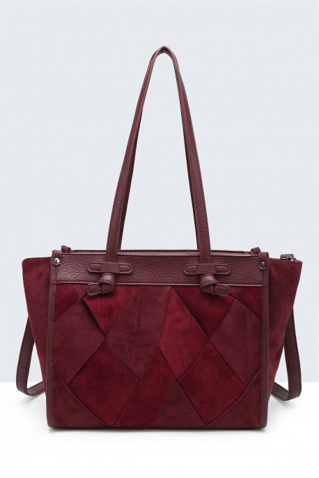 BV-29082 Sac épaule à ailettes Patchwork effet nubuck : couleur:Rouge vin (Wine)