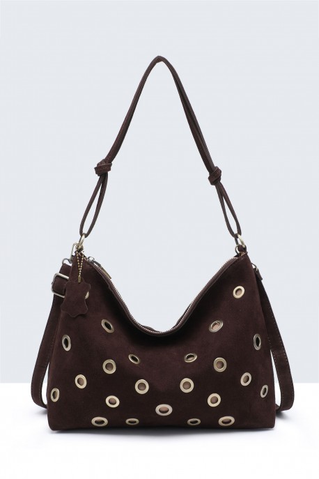 BV-29127 Sac épaule hobo Clouté en croûte de cuir : couleur:Caf&eacute; (Coffee)