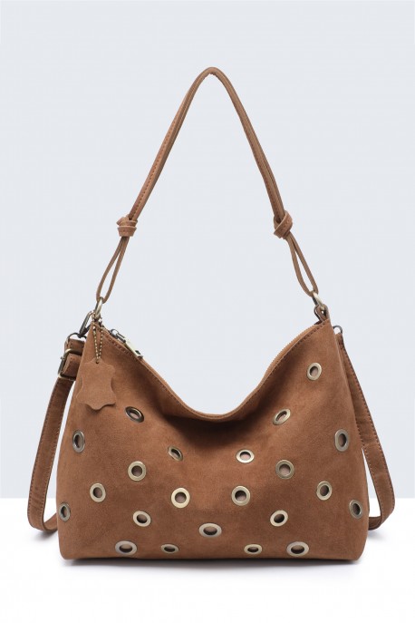 BV-29127 Sac épaule hobo Clouté en croûte de cuir : couleur:Marron (Brown)
