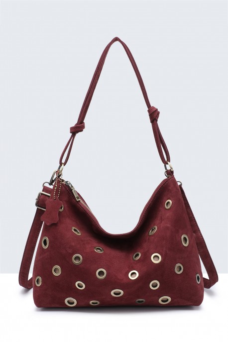 BV-29127 Sac épaule hobo Clouté en croûte de cuir : couleur:Rouge vin (Wine)
