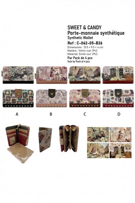 C-062-05-B26 Portefeuille porte-monnaie synthétique Sweet & Candy : Motif:Pack de 4