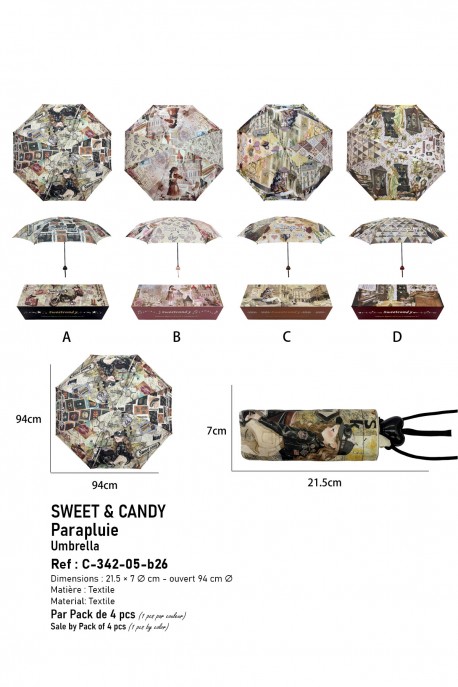 Parapluie pliant manuel housse avec lanière Sweet & Candy C-342-05-B26 : Motif:Pack de 4