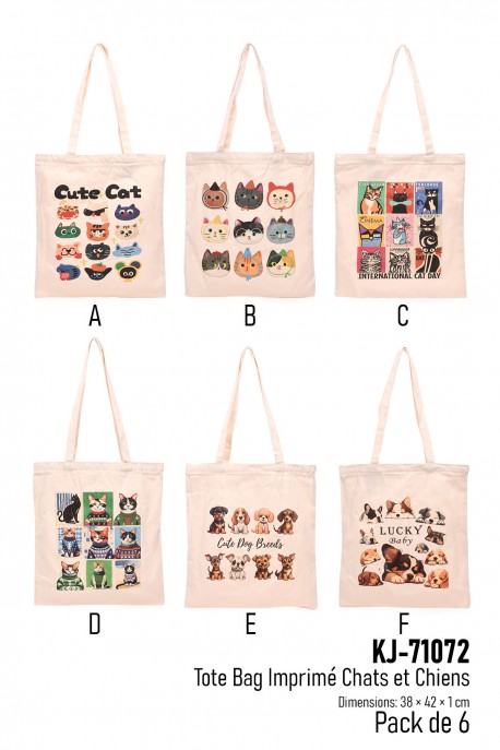 KJ-71072 Tote Bag Imprimé Chats et Chiens : couleur:Pack de 6