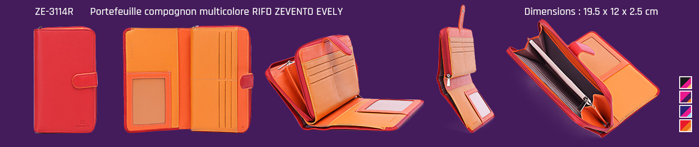 ZEVENTO ZE-3114R Portefeuille compagnon en cuir multicolore avec protection RFID